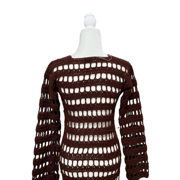 Elexiay Long Sleeve Crochet Maxi Swim Cover Up Small Brown NEW - Picture 5 of 8
